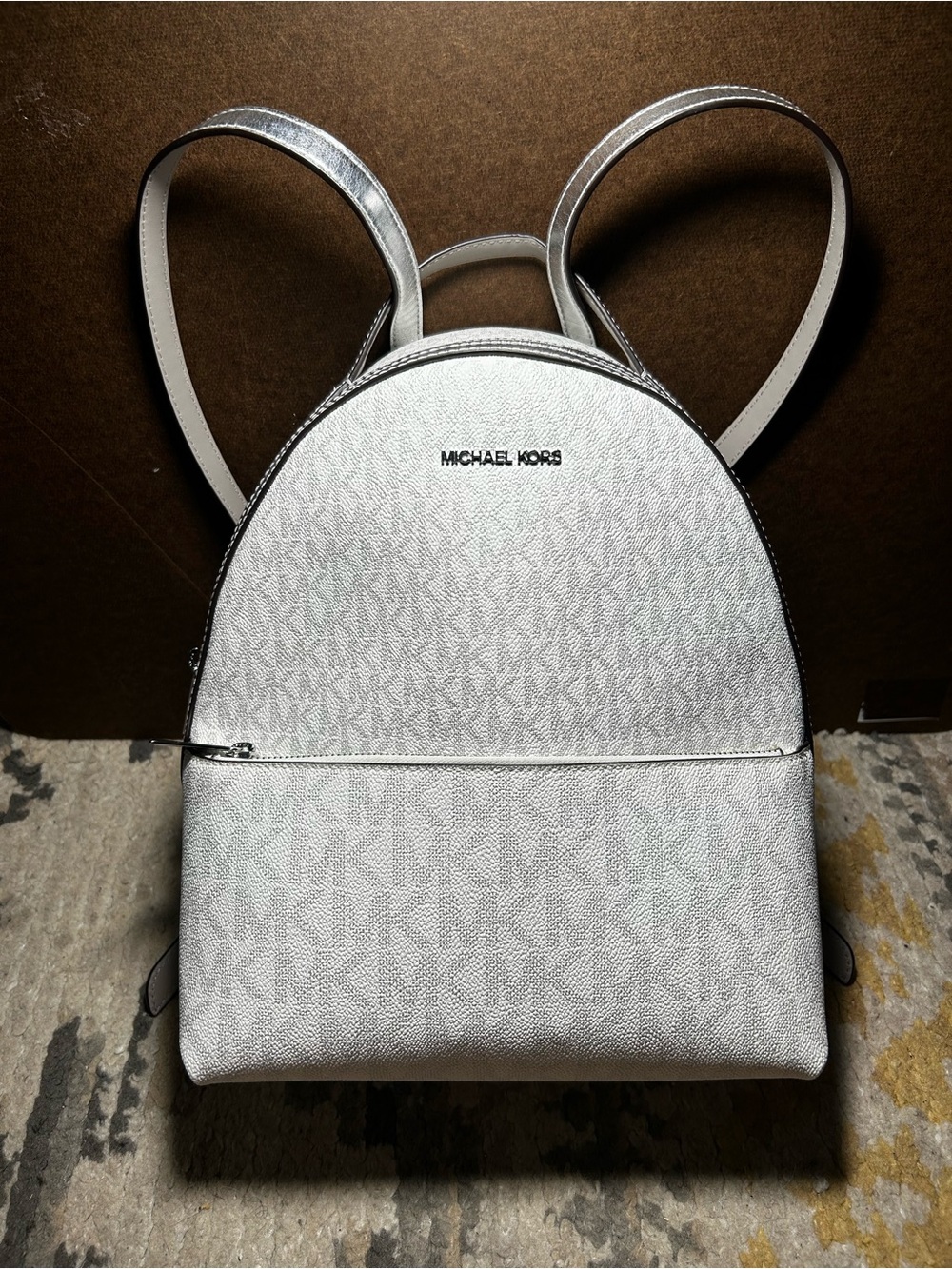 Michael Kors Silver-White Signature Logo Backpack